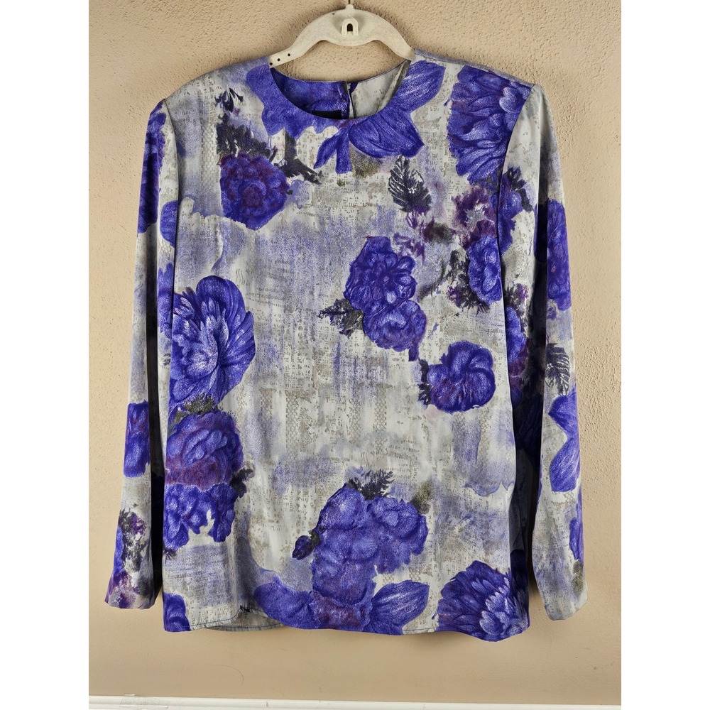Vintage Ali Miles Womens Gray Purple Floral Blouse 8